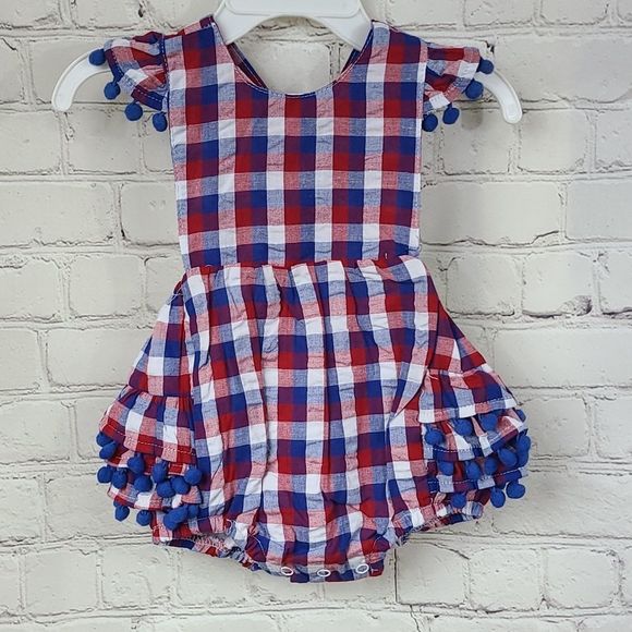 NWT Baby Girl 3M Red White Blue Plaid Pom Ruffle Bubble Romper Outfit 1pc - Picture 6 of 10